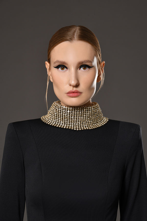 Crystal chainmail on the neckline and sleeves of black jersey dress