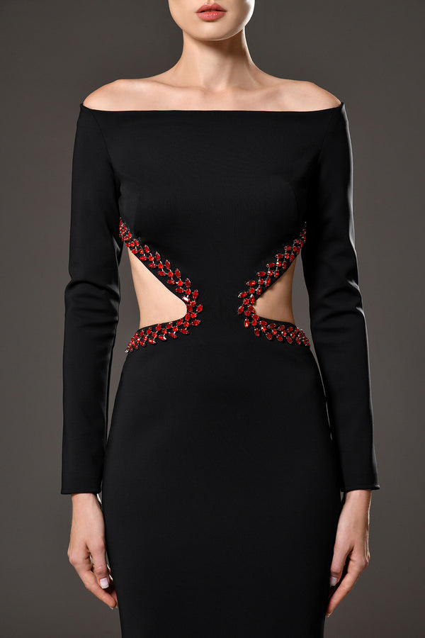 Boat necked black jersey dress featuring red crystal embroidery on the waist cut-out and back