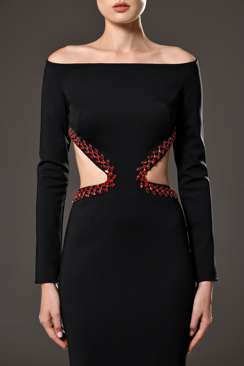 Boat necked black jersey dress featuring red crystal embroidery on the waist cut-out and back