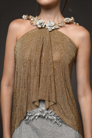 Halter neck crystal chainmail dress in bronze and silver with crystal flower details close up