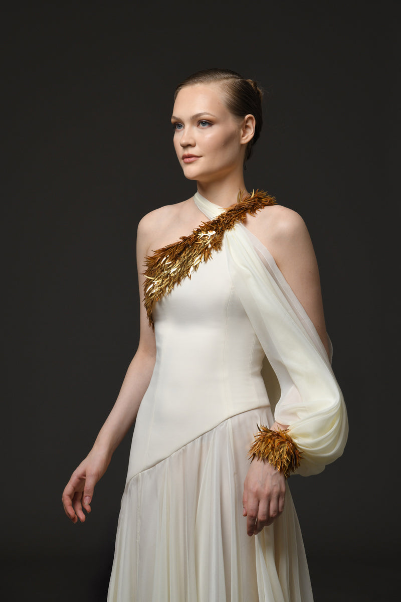 Asymmetric ivory crêpe and chiffon dress with embroidery