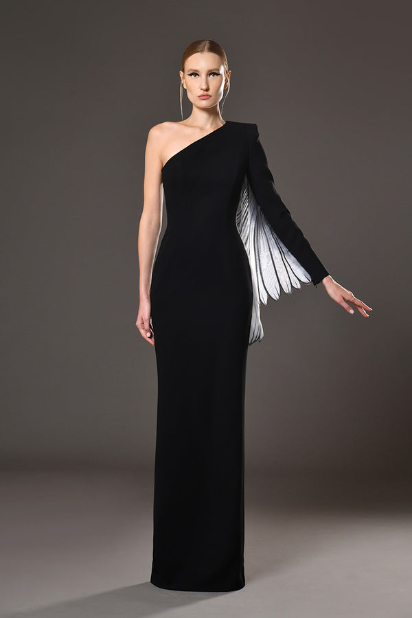 Black one-shoulder crêpe dress with silk organza daisy petals print