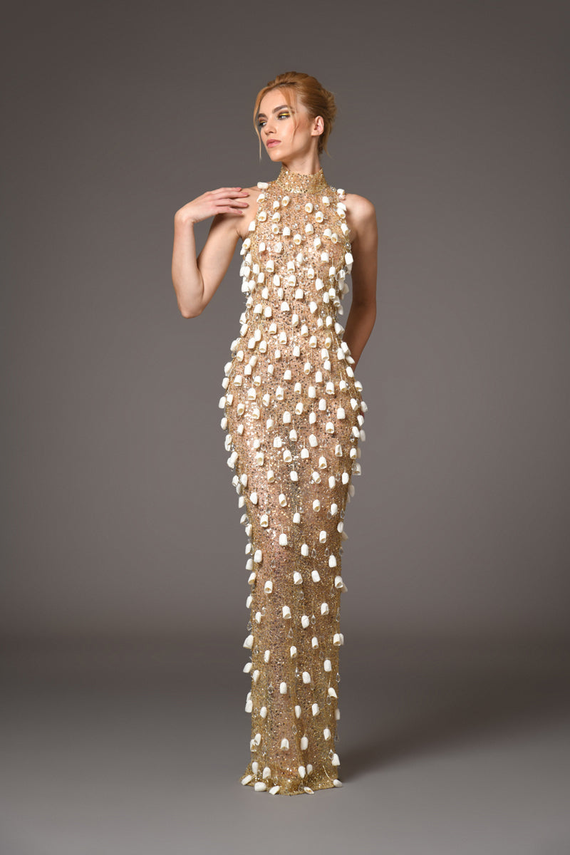 Gold halter neck dress with Duchesse satin cape
