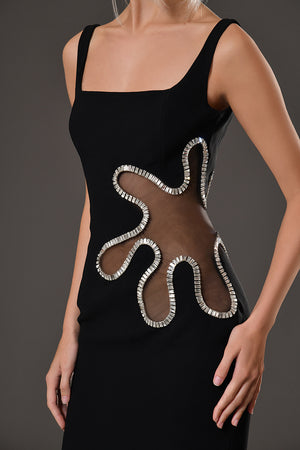 Crystal embroidery on the waist on black crêpe dress 