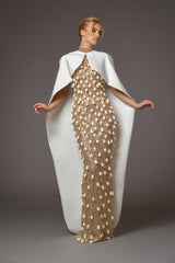 Gold halter neck dress with cocoons and embroidery with satin white cape