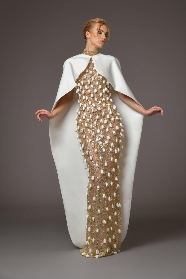 Gold halter neck dress with cocoons and embroidery with satin white cape