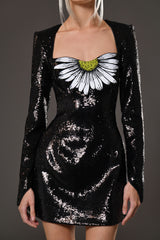 Sequined mini dress with thread embroidered flower