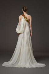 Asymmetric ivory crêpe and chiffon dress with embroidery