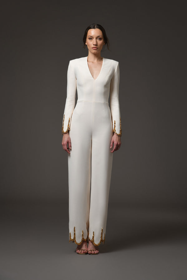 Ivory crêpe jumpsuit with gold embroidery