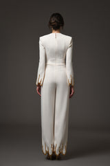 Ivory crêpe jumpsuit with gold embroidery