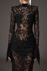 High necked black lace dress, adorned with captivating black crystal chainmail sleeves
