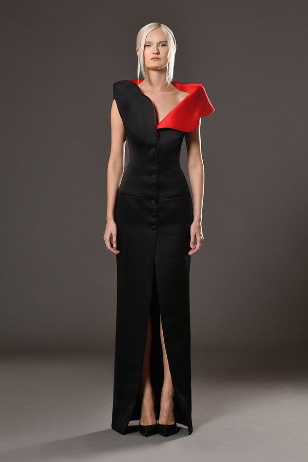 Black satin radzimir dress with reversible red collar