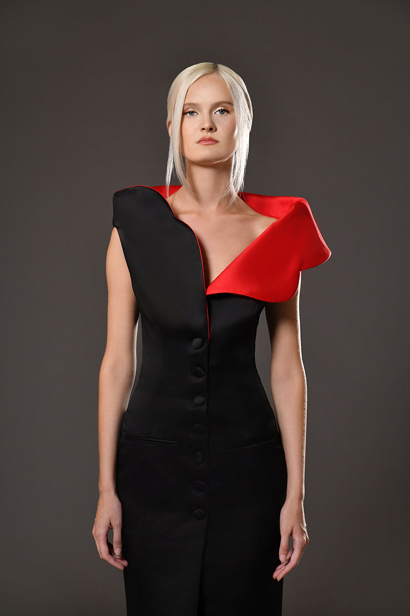 Black satin radzimir coat dress with reversible red collar