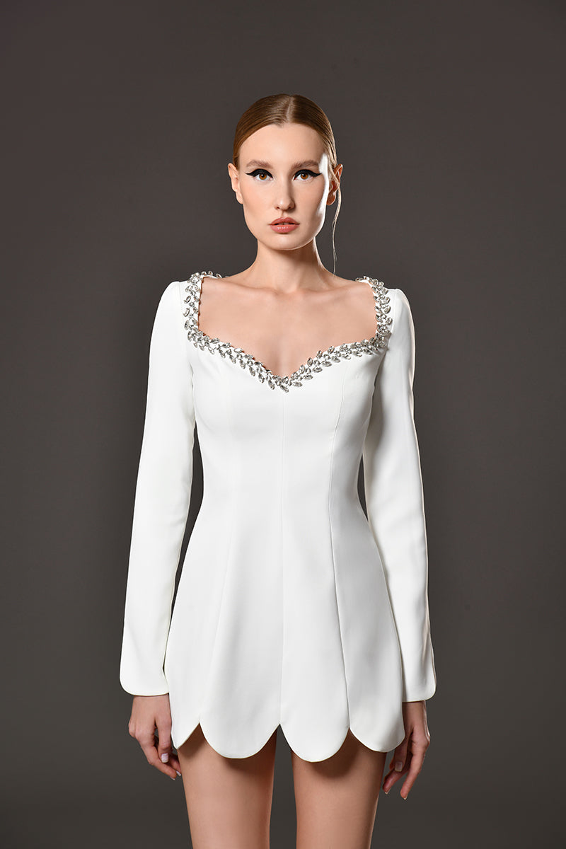 Short crêpe dress with embroidered neckline