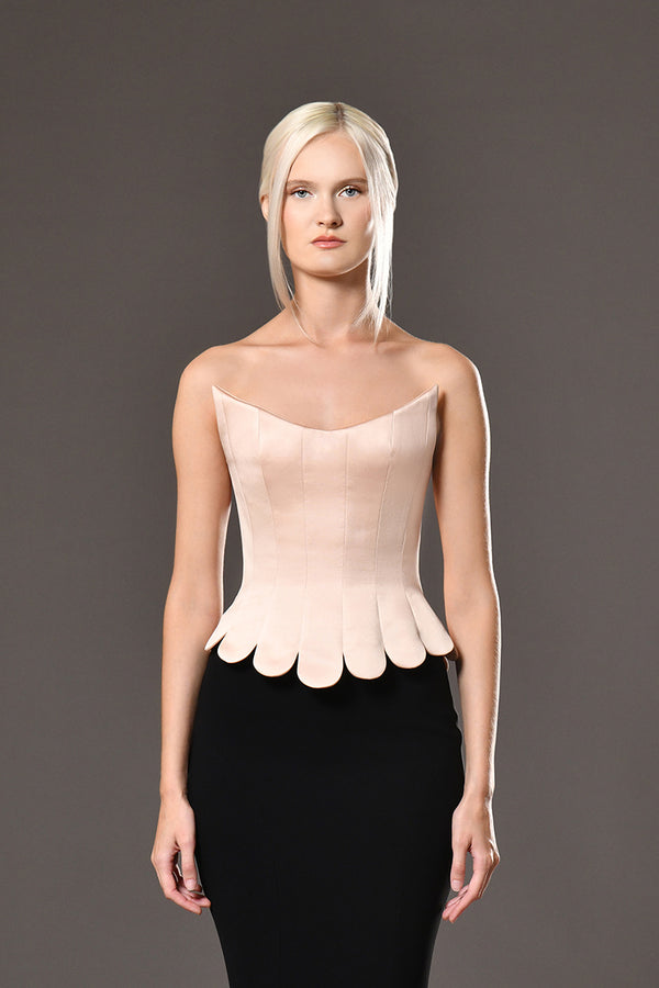 Silk satin radzimir structured corset with black crêpe skirt