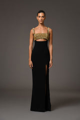 Black crêpe dress with gold embroidery