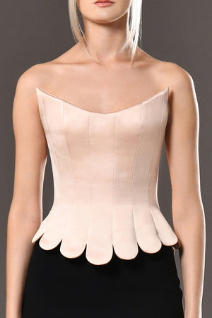 Silk satin radzimir structured corset with black crêpe mermaid skirt