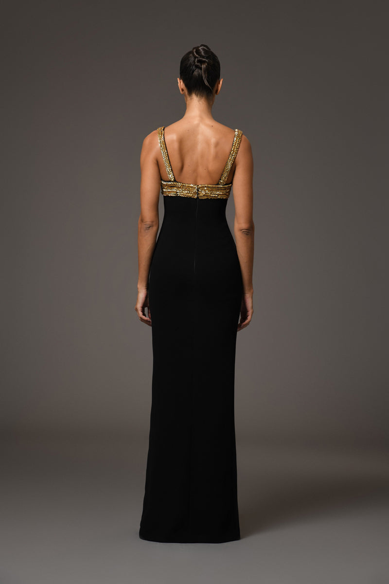 Black crêpe dress with gold embroidery