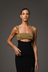 Black crêpe dress with gold embroidery