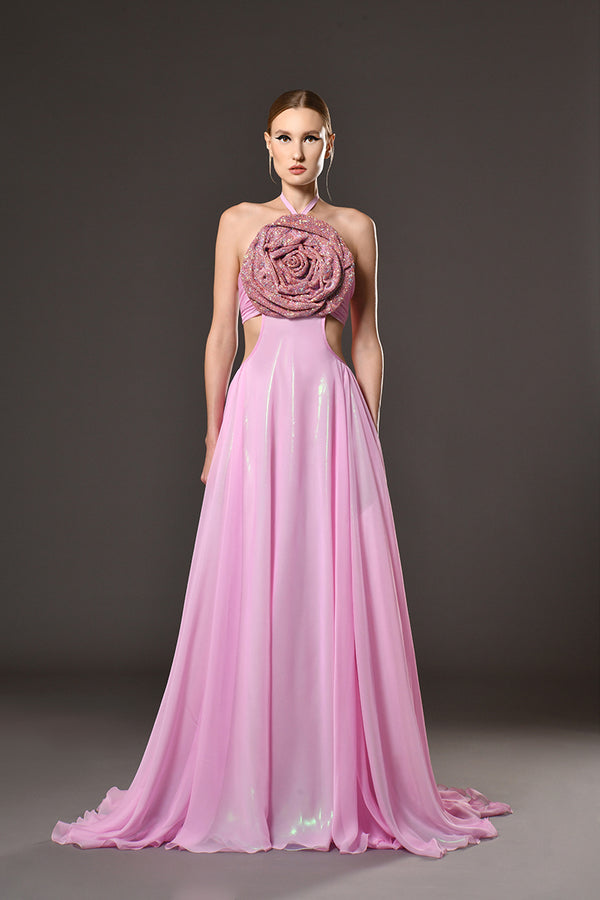 Pink A-line halter necked dress with crystal chainmail flower detail.