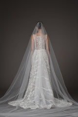  tulle bridal gown with floral embroidery with an overskirt and sheer long white veil covering back