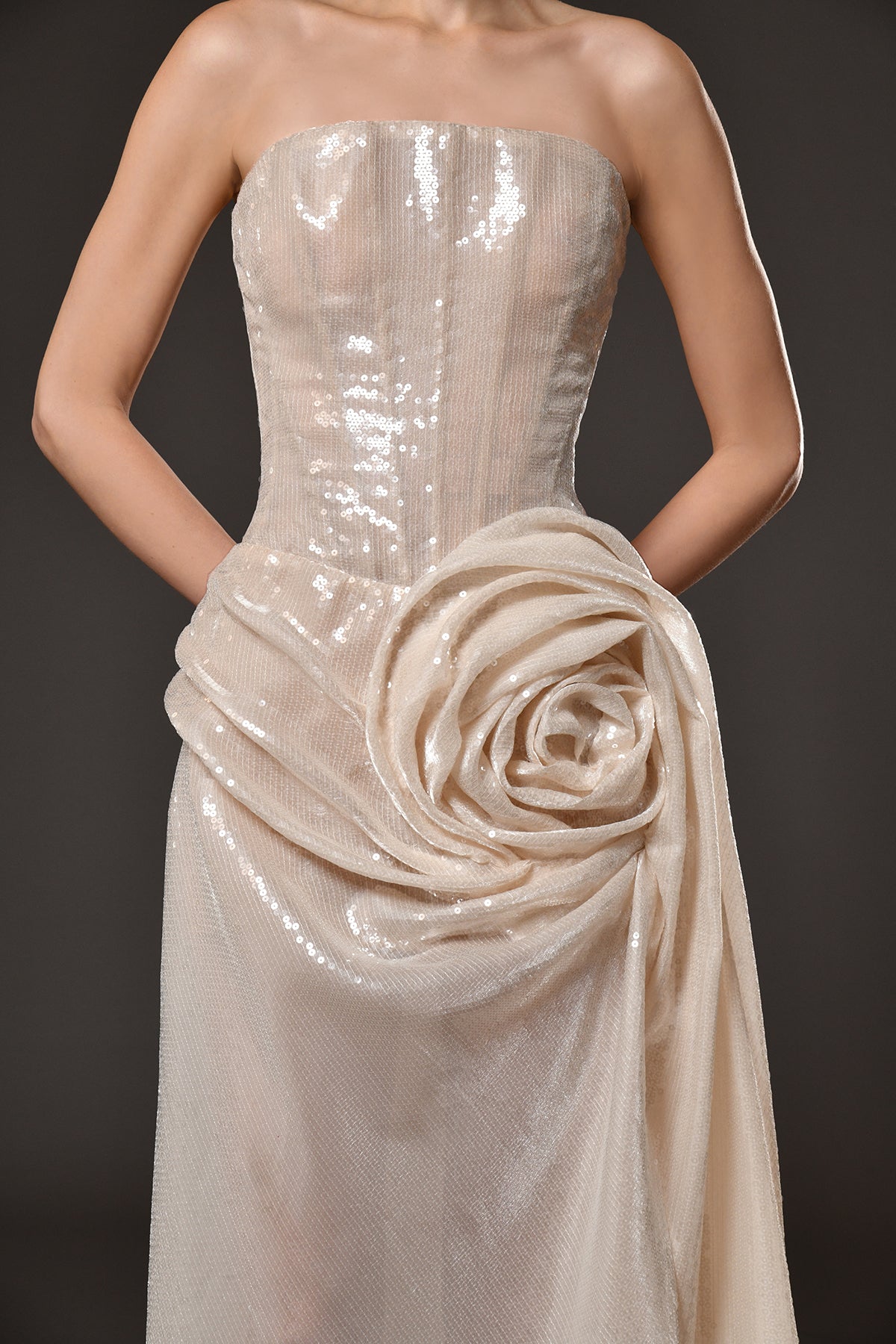 Ivory white sequined corset dress with flower detailing