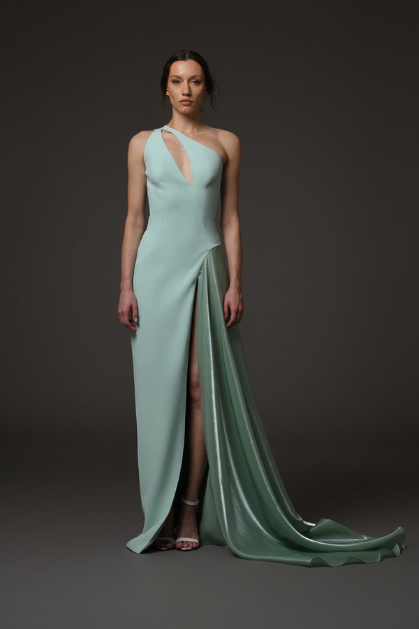 Asymmetric green crêpe dress with shimmery organza