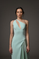 Asymmetric green crêpe dress with shimmery organza