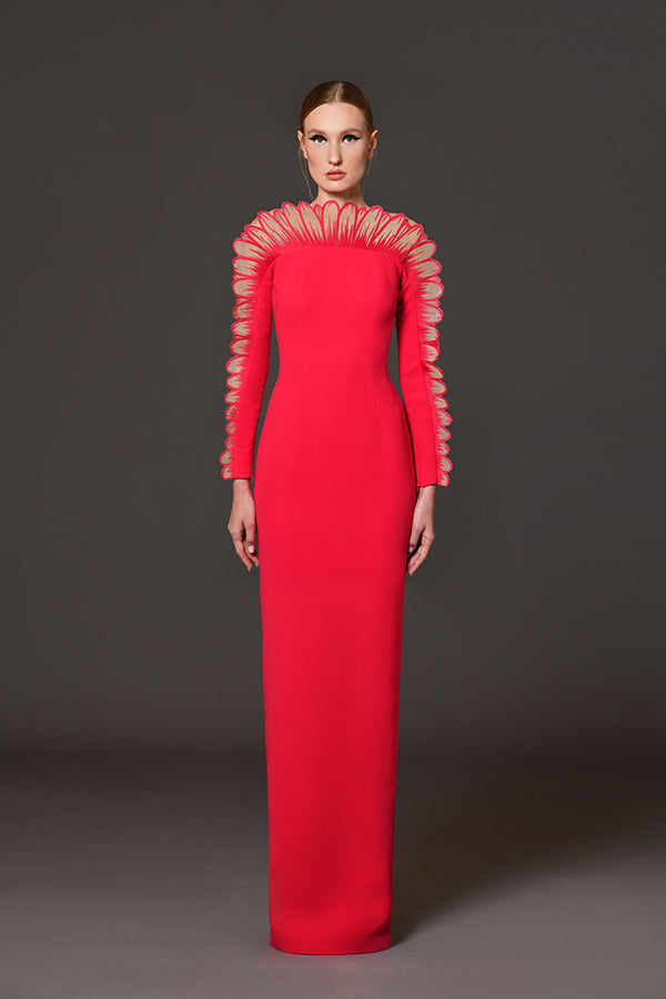 Red crêpe dress with thread embroidered daisy petals from neckline to sleeve