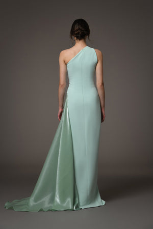 Asymmetric green crêpe dress with shimmery organza