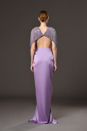 Purple crystal chainmal top and silk satin radzimir skirt
