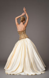 Golden feather corset with voluminous taffeta skirt back