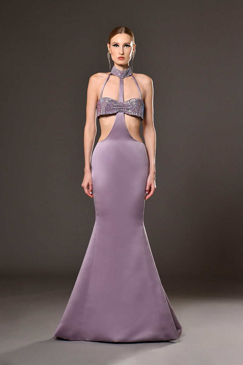 Purple mermaid silk satin radzimir dress with purple crystal chainmail on the bust and neckline, cutouts and train
