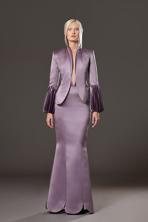 Purple silk satin structured blazer featuring intricate material work on the sleeves