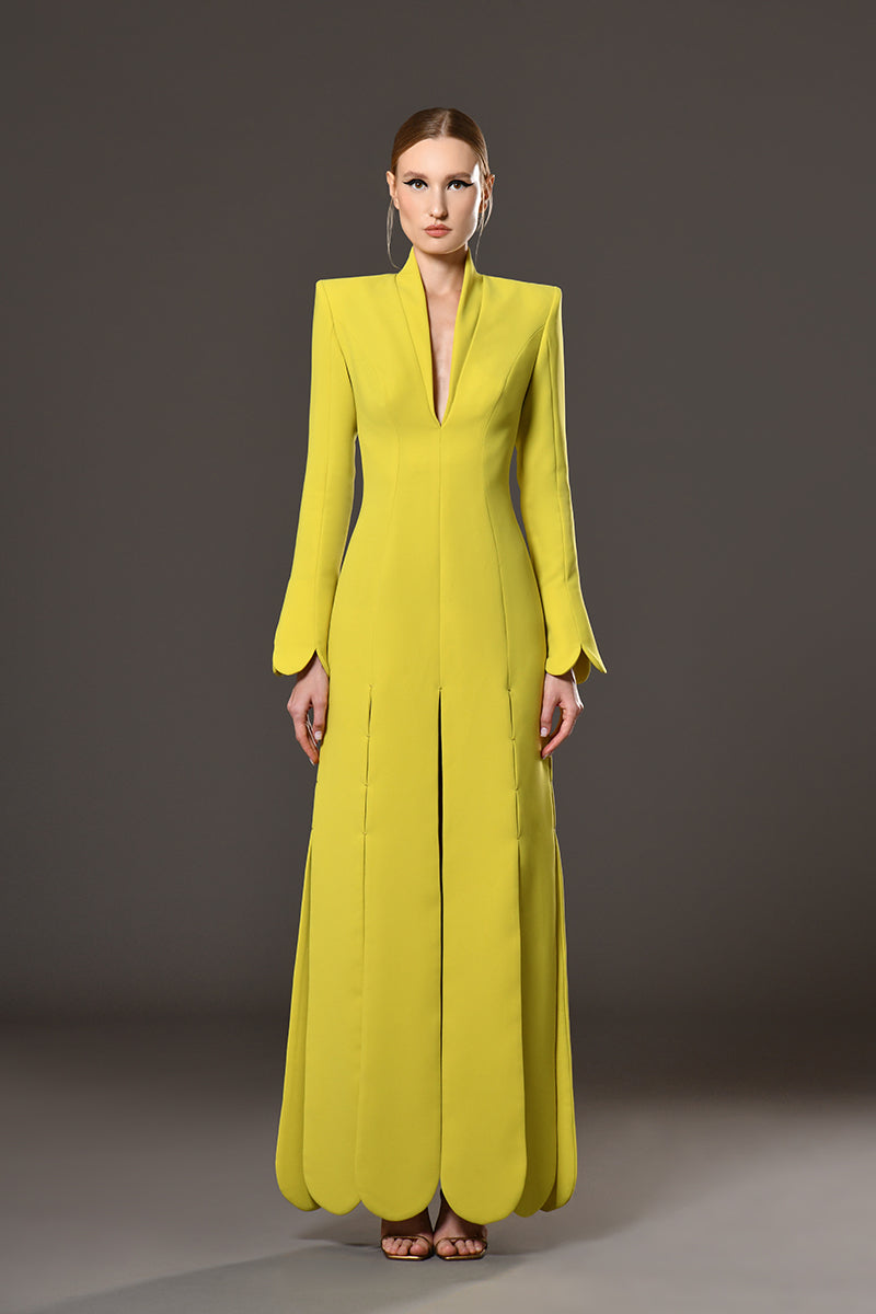 Lime yellow long sleeved structured crêpe coat dress with petal details skirt and structured shoulders
