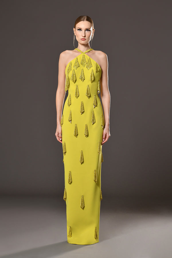 Halter necked lime yellow crêpe column dress with rhinestones chainmail details