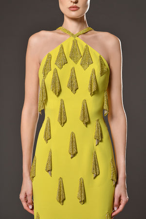Lime yellow crêpe dress with rhinestones chainmail details