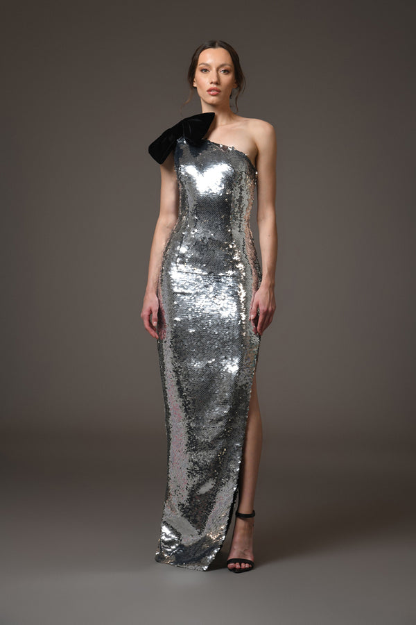 Grey sequined asymmetric dress with a bow detailing