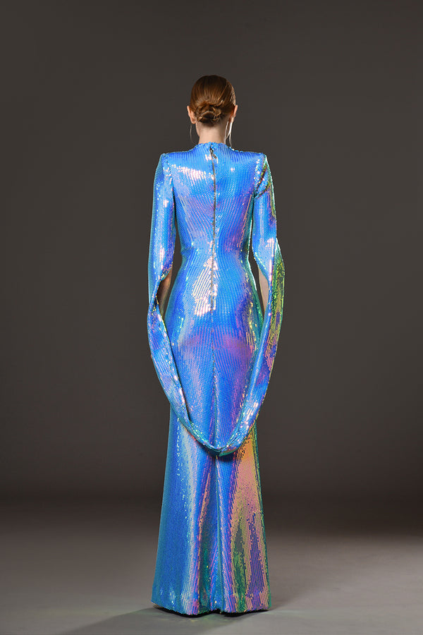 Holographic sequined dress with connected sleeves