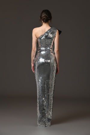 Grey sequined asymmetric dress with a bow detailing