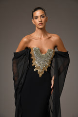 Black crêpe dress with embroidery and chiffon sleeves