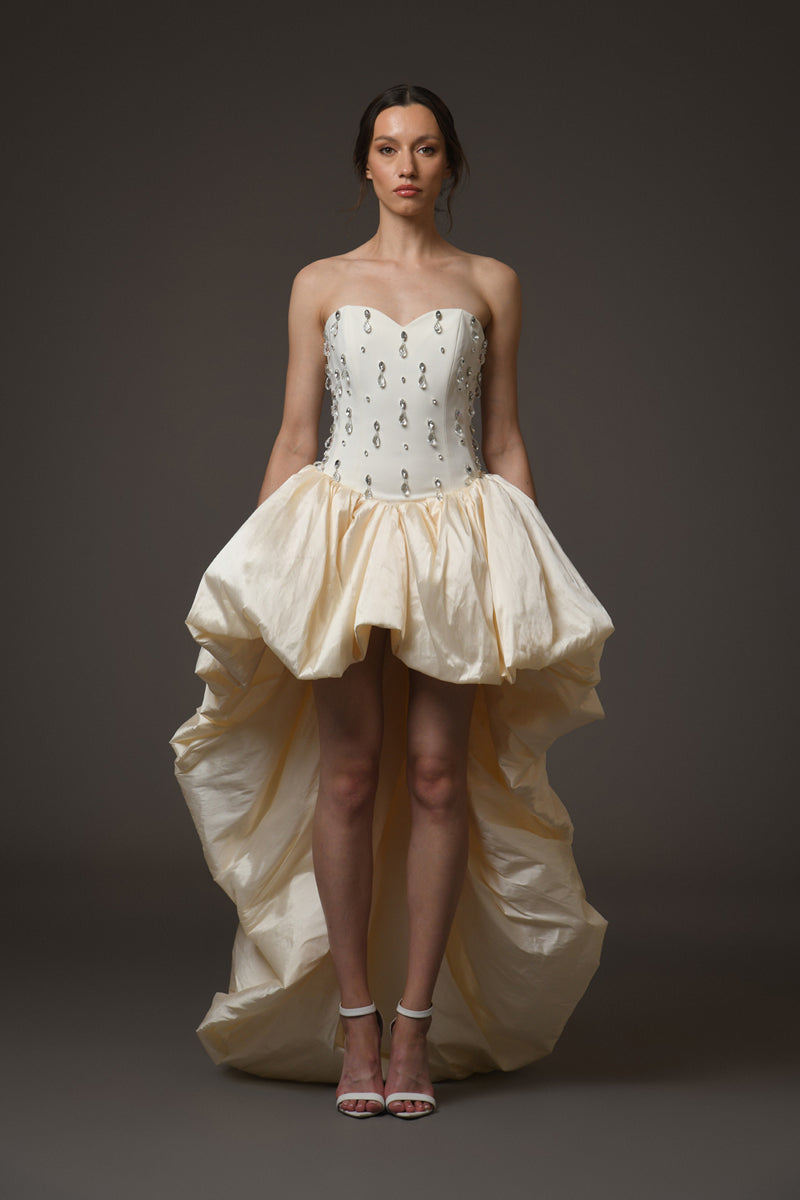 Ivory corseted short crêpe dress with a taffeta skirt and embroidery