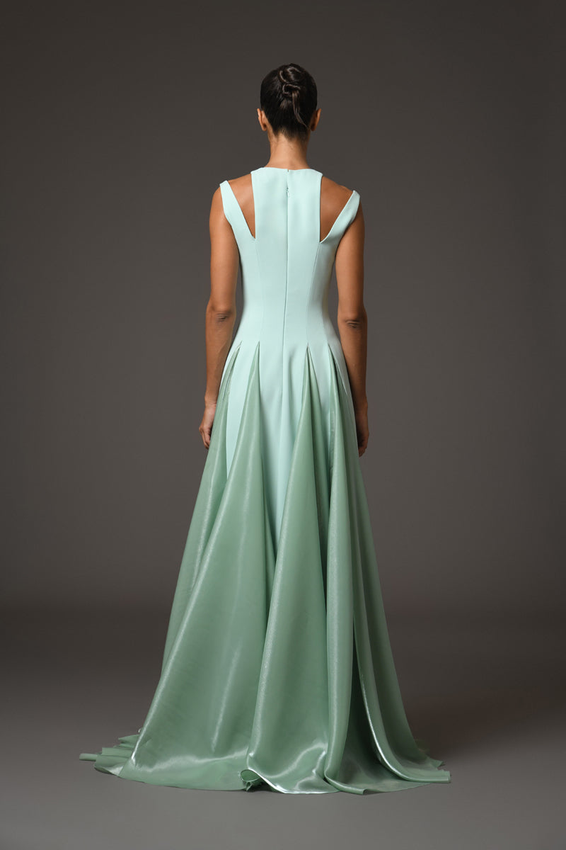 Green crêpe dress with A-line shimmery organza