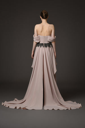 Nude crêpe dress with embroidery featuring an overskirt