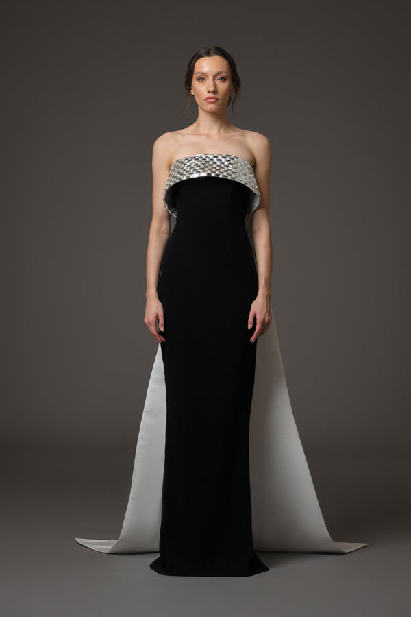 Corseted black crêpe dress with baguette embroidery featuring a white silk satin radzimir train