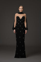 Black crêpe embroidered dress with chiffon and tulle