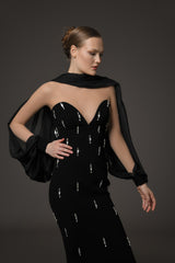 Black crêpe embroidered dress with chiffon and tulle