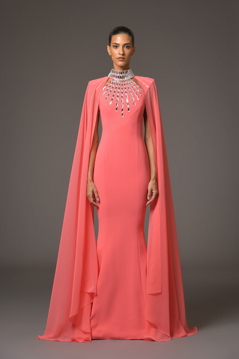 Coral crêpe dress with baguette embroidery and chiffon