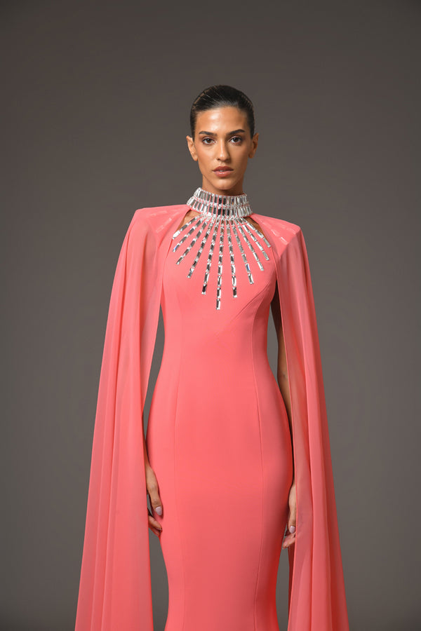 Coral crêpe dress with baguette embroidery and chiffon