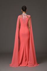 Coral crêpe dress with baguette embroidery and chiffon